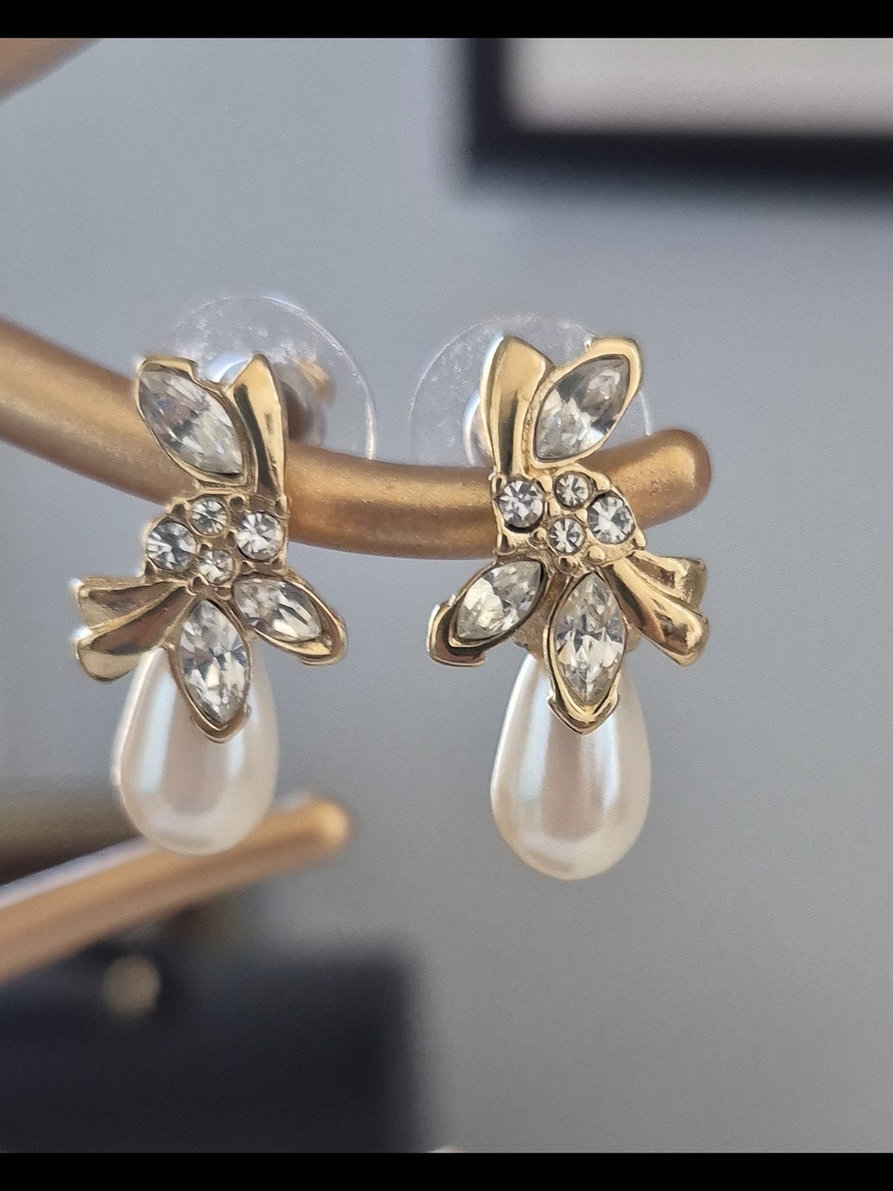 Gold Crystal Floral Drop Earrings with Pearl Teardrops